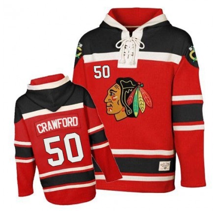 NHL Corey Crawford Chicago Blackhawks Old Time Hockey Authentic Sawyer Hooded Sweatshirt Jersey - Red